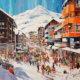 K.I. gezeichnetes Bild eines menschengefüllten und verschneiten Skiortes