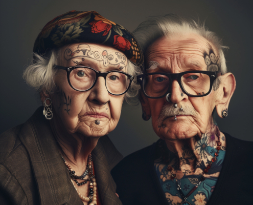 K.I. generiertes Bild eines älteren, besorgten und tätowierten Paares