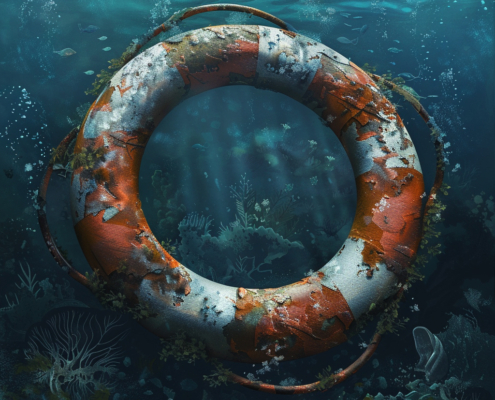 K.I. generierte Illustration eines moderigen Rettungsreifen am Meeresgrund.
