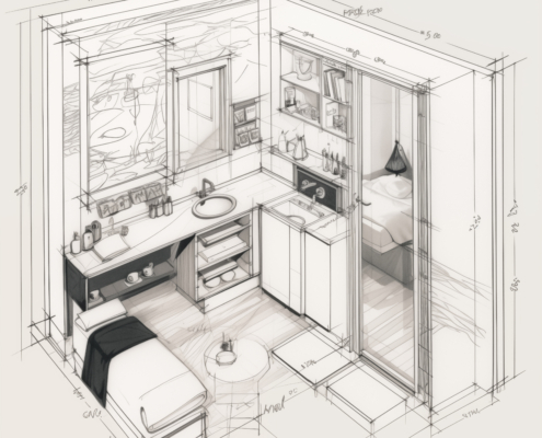 K.I. generiertes Bild einer technischen Zeichnung einer All-In-One-Room Wohnung. Das Schlafzimmer ist gleichzeitig ein Bad und eine Küche.