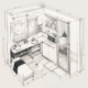 K.I. generiertes Bild einer technischen Zeichnung einer All-In-One-Room Wohnung. Das Schlafzimmer ist gleichzeitig ein Bad und eine Küche.