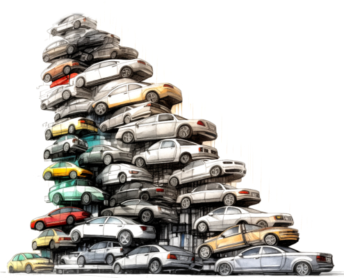 K.I. generierte Illustration eines Turms bestehend aus Autos.