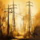 K.I. generiertes Bild von Strommasten mit warmen, gelben Hintergrund