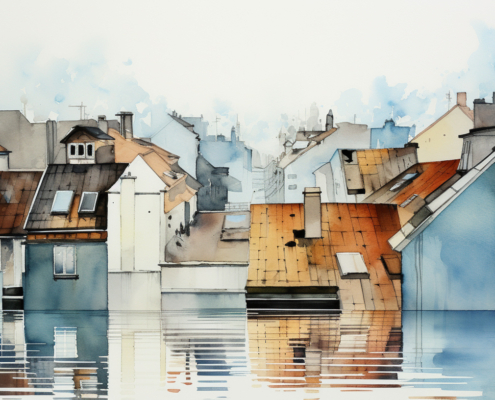 Dieses Bild zeigt eine Illustration überschwommener Häuser. Metaphorisch für Mietzinsrückforderungen