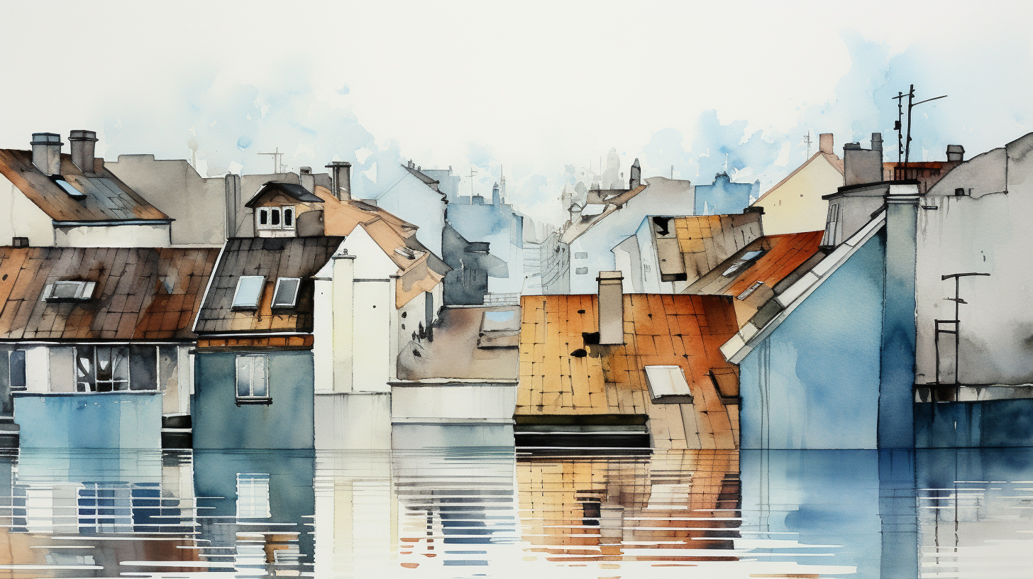 Dieses Bild zeigt eine Illustration überschwommener Häuser. Metaphorisch für Mietzinsrückforderungen